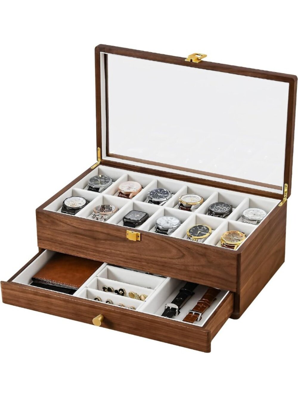 Elegant Black Walnut Watch Box, 12-Slot Wooden Display Case with Drawer for Men